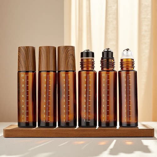 塑料木纹盖5ml10ml茶色带刻度精油瓶加厚玻璃滚珠瓶空瓶精油