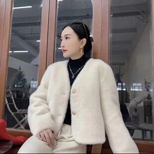 2024春款欧貂绒外套女仿水貂毛皮毛一体短款时尚休闲百搭网红上衣