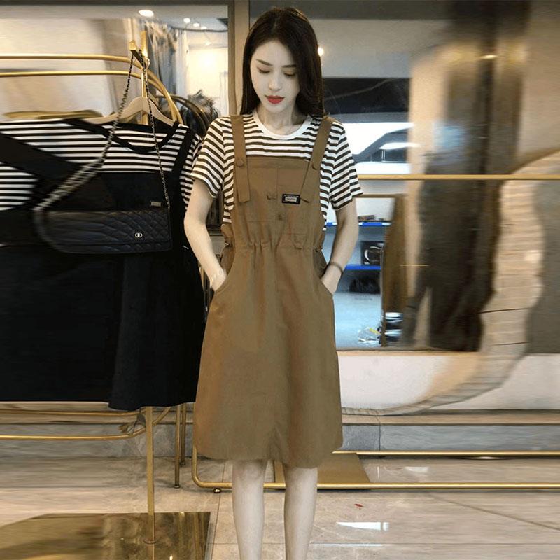 时尚休闲条纹裙子女夏季2025新款背带裙大码女装小个子中长连衣裙