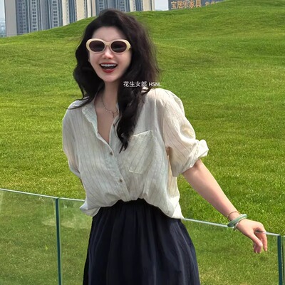 韩系条纹慵懒风条纹衬衫女夏新款