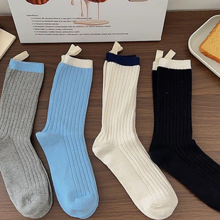 韩系网红堆堆袜后跟布标蓝色文艺中筒复古女袜子秋冬 花生女郎