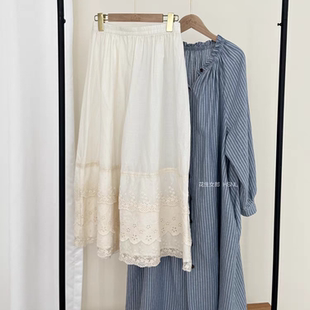 3017 2025春夏日系森女万能叠穿蕾丝衬裙白色半裙长款 花生女郎