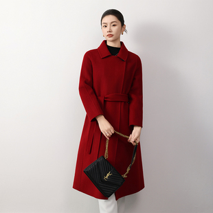 高端大牌双面纯羊毛大衣女年轻高级感正肩系带毛呢子外套秋冬季