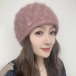 时尚洋气帽子女2025新款冬季双层中老年保暖护耳包头帽毛线针织帽