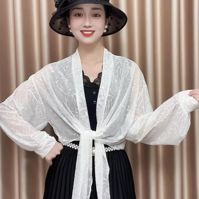 玫瑰印花冰丝防晒披肩女外搭2025新款时尚洋气配裙子薄款空调开衫