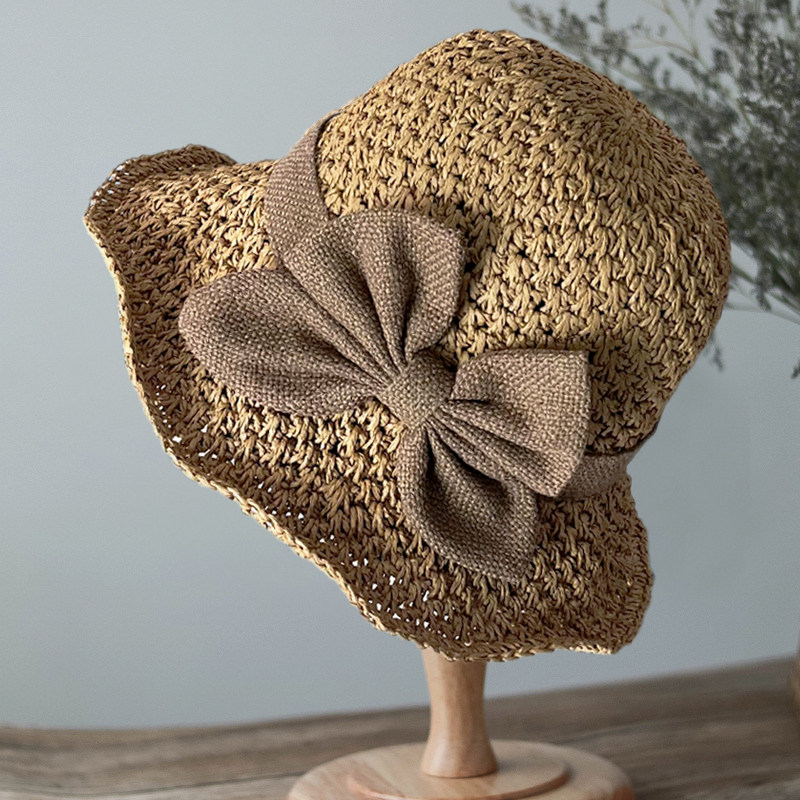 手工编织草帽防晒遮阳帽可折叠夏季出游大檐休闲渔夫帽蝴蝶结帽子 - 壹加壹四季帽饰出品