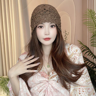 薄款针织遮白发包头帽堆堆帽2025新款春秋时尚洋气镂空帽子毛线帽