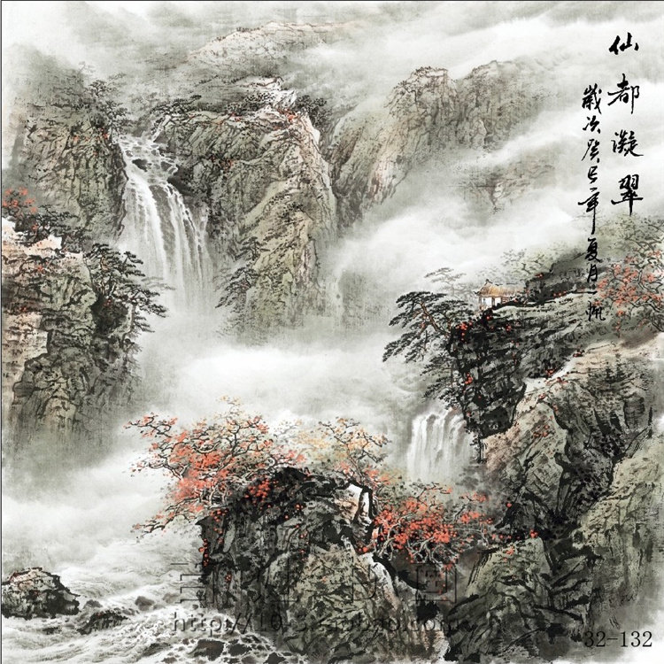 32-132国画风水靠山斗方淡雅一帆山水客厅办公室茶楼装饰宣纸画芯