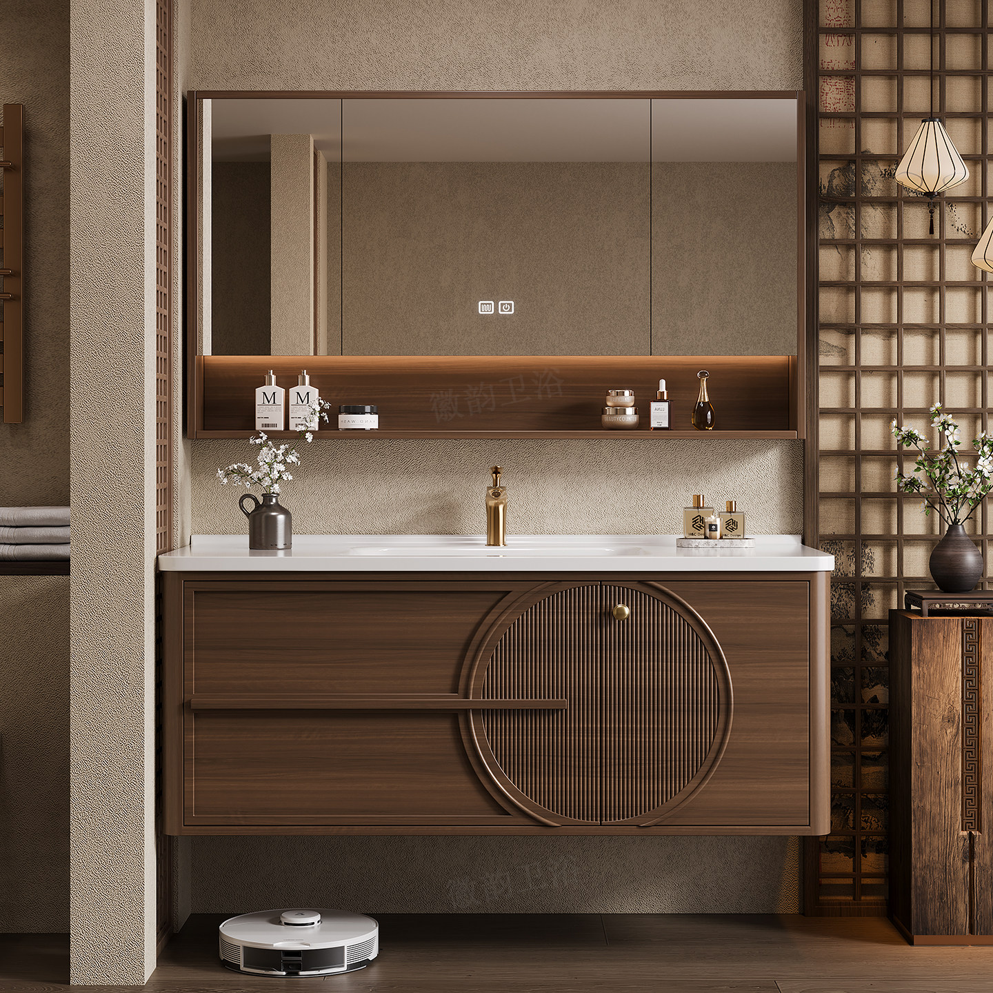 中古风宋式美学浴室柜卫生间陶瓷一体盆橡木实木洗脸洗手盆洗漱台