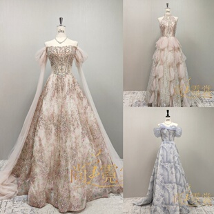 《北京出租》女士一字肩轻奢披纱气质重工晚宴主持人歌手礼服裙