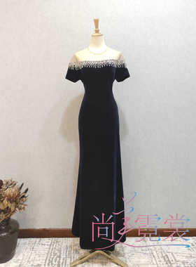 《北京出租）高级蓝色丝绒鱼尾修身晚礼服婚礼高级气质显瘦妈妈装