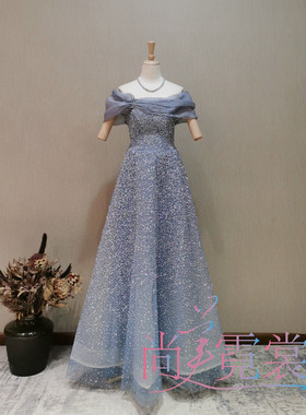 《北京出租》晚礼服女轻奢仙气蓝色宴会年会主持人一字肩艺考高级