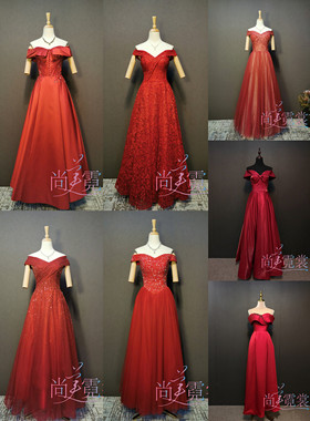 晚礼服出租红色一字肩年会晚会主持人礼服大码大号新娘敬酒服北京
