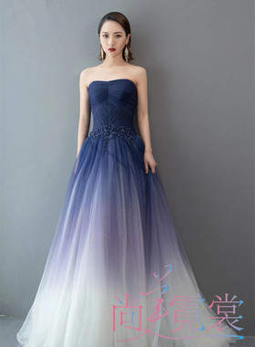 《北京出租》高级品质蓝色渐变晚礼服晚宴宴会主持人长款礼服裙