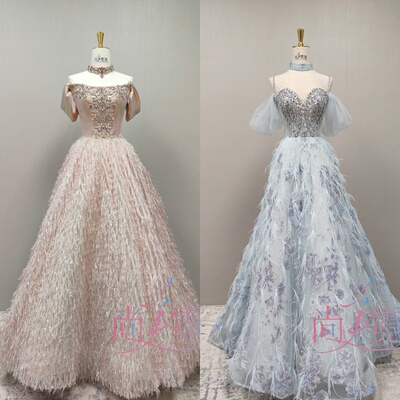 出租女高档羽毛蓬蓬一字肩礼服裙