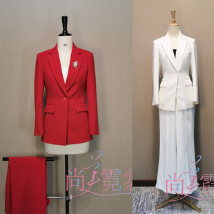 租深红色白色阔腿裤西装套装女商务会议主持艺考大气西服女北京