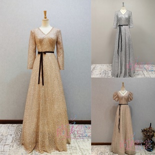 《北京出租》高端金色银色大码亮闪晚礼服年会宴会主持人长袖礼服