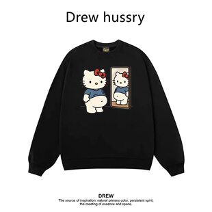 DREW美式卡通猫印花无帽卫衣男女秋冬宽松情侣装圆领长袖黑色上衣