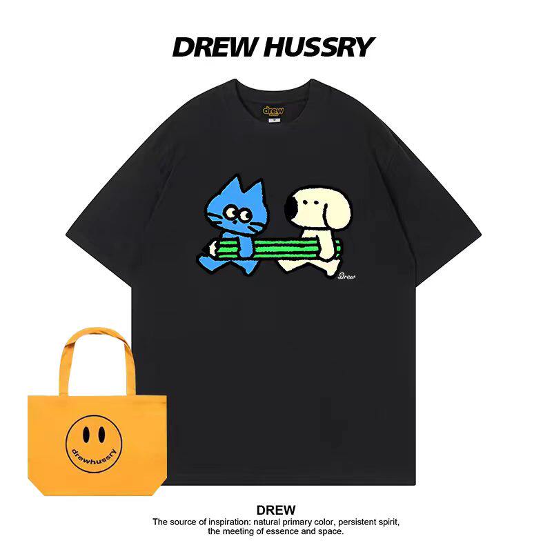 Drew美式卡通滑板猫狗印花夏季短袖T恤男女百搭宽松纯棉圆领上衣