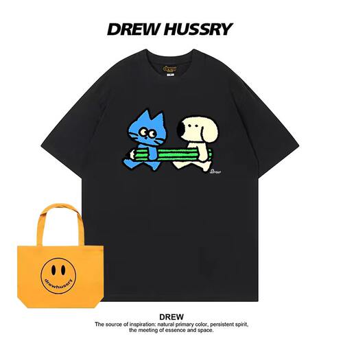 Drew卡通猫狗印花纯棉短袖T恤男