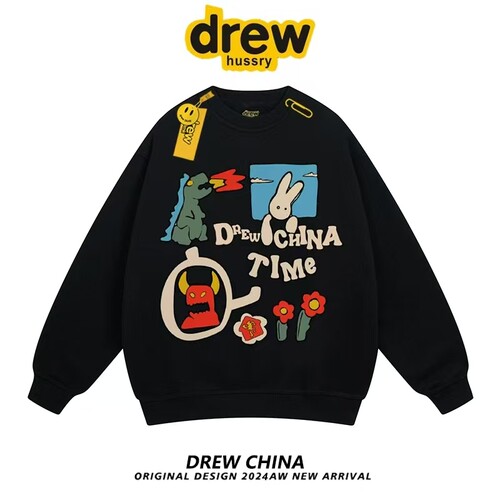 drew笑脸新款重磅纯棉圆领卫衣男