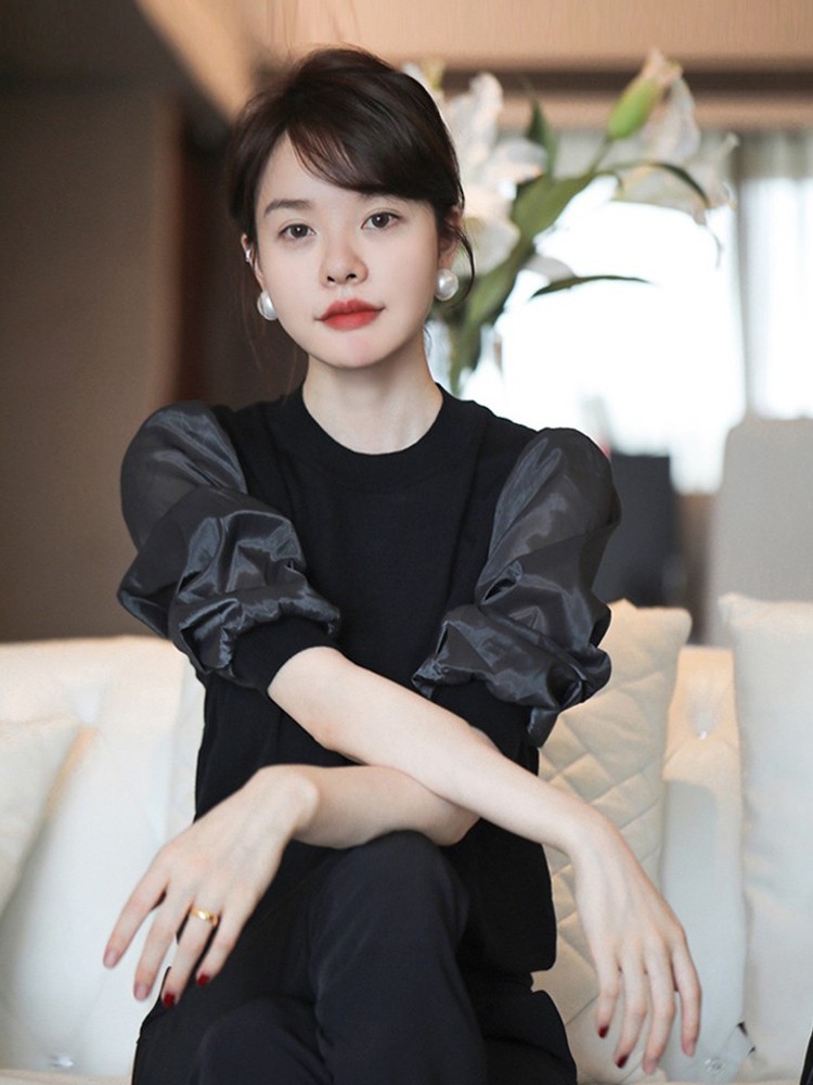 2025夏季新款法式欧根纱泡泡袖显瘦七分袖羊毛针织衫薄款上衣女