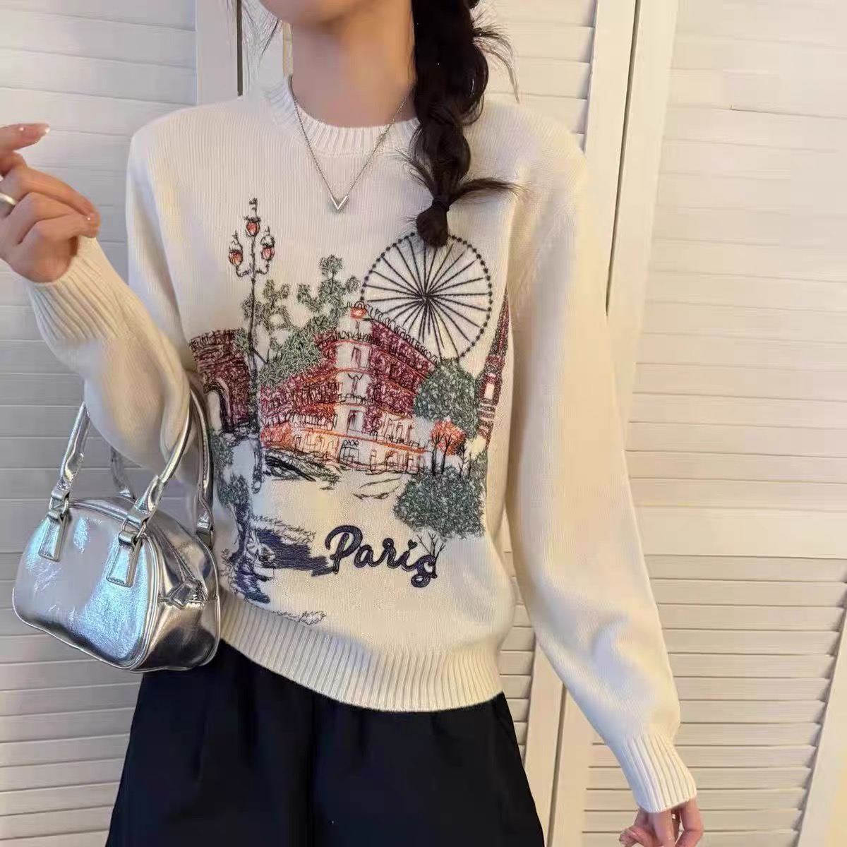 重工万针精致刺绣 羊绒羊毛彩色刺绣宽松圆领套头针织衫毛衣