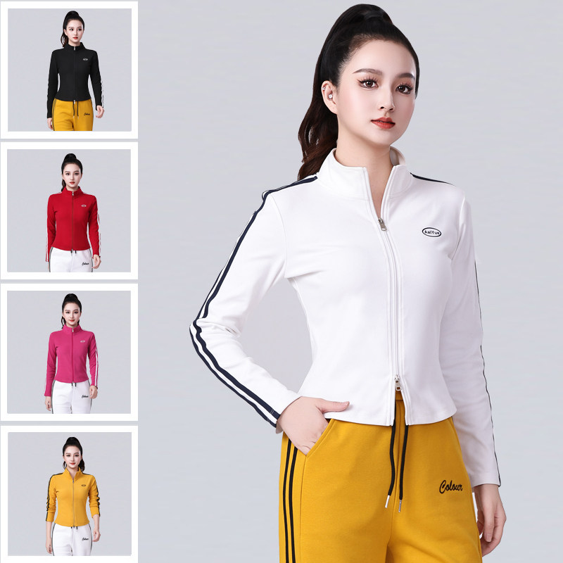 2025新款运动立领拉链开衫跑步健身广场舞上装条纹袖团体演出服女