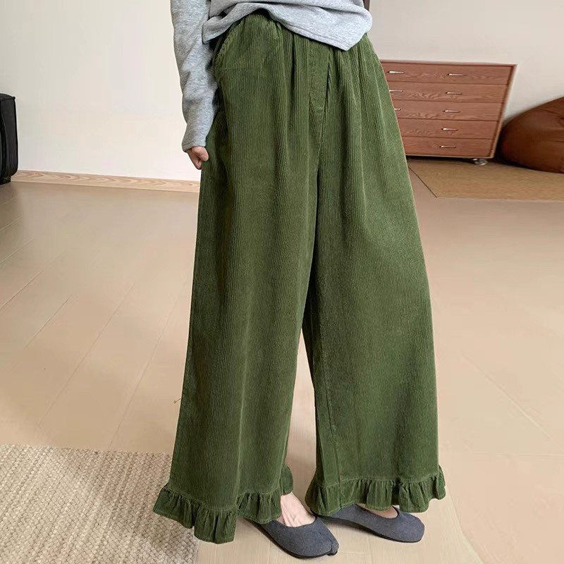 森系原宿风设计款灯芯绒花边阔腿裤冬款加厚绿色超好看休闲裤女