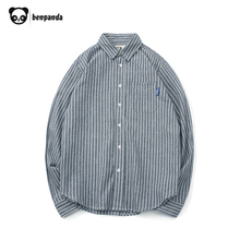衬衫 男竖条纹衬衣秋小清新情侣ifashion衬衫 外套 熊猫本 日系长袖