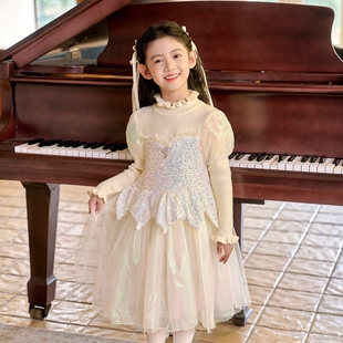 女童连衣裙人鱼姬演出公主裙春秋冬长袖毛衣裙时尚亮片礼服网纱裙