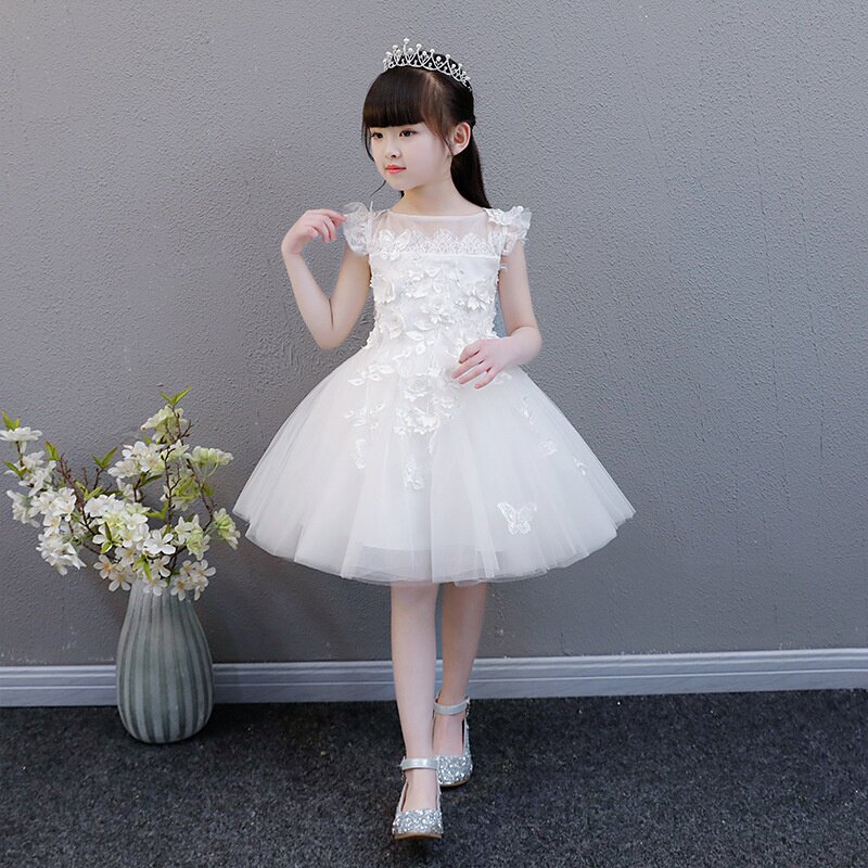 女童公主裙白色蓬蓬纱夏季连衣裙花童婚纱钢琴演出服小主持人礼服