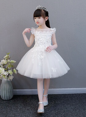 女童公主裙白色蓬蓬纱夏季连衣裙花童婚纱钢琴演出服小主持人礼服