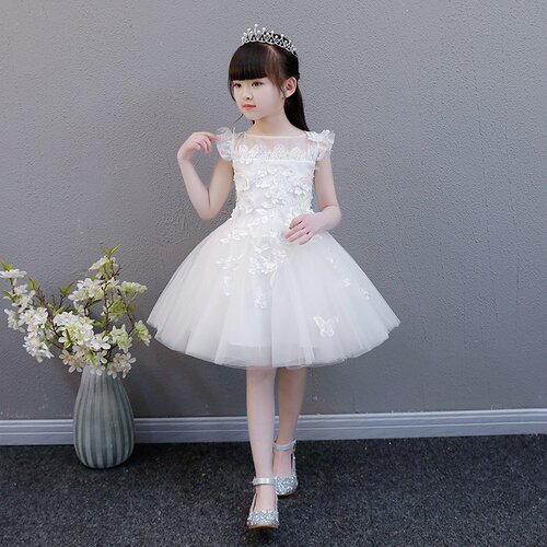 女童公主裙白色蓬蓬纱夏季连衣裙花童婚纱钢琴演出服小主持人礼服