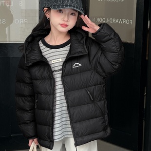 女童黑色羽绒外套轻便薄款蓝色初中生青少年女孩羽绒服2025新款