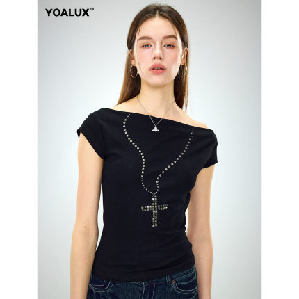 YOALUX美式辣妹一字肩短袖T恤十字架烫钻链条修身露肩纯欲上衣