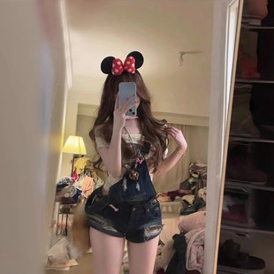 可拆卸牛仔背带短裤女夏美式复古性感辣妹破洞小个子显瘦百搭热裤