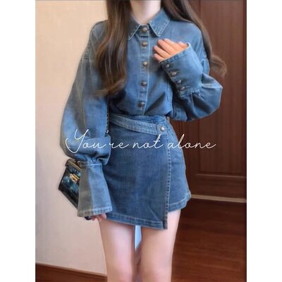 高级感牛仔连衣裙子两件套装女潮