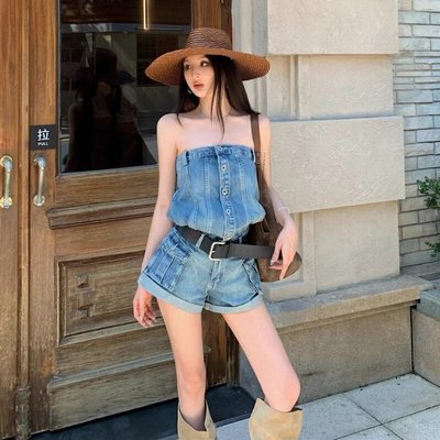辣妹高腰牛仔短裤工装直筒裤子