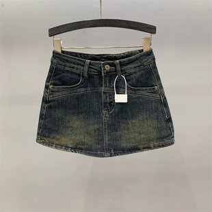 新款 港风复古高腰牛仔短裙女夏季 A字显瘦防走光辣妹包臀半身裙字