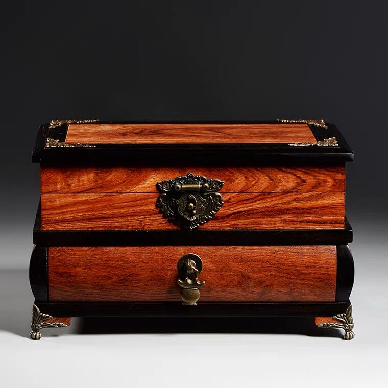 缅甸花梨素面镂空二抽收纳盒红木茶饼柜普洱茶盒简约新中式茶水柜