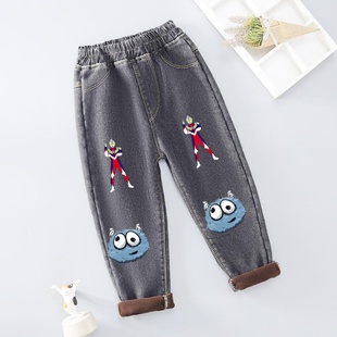 新款 款 男孩中小童老爹裤 长裤 一体绒 男童加绒裤 休闲裤 子秋冬牛仔裤