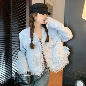 蓝色流苏小香风短外套女2024春装新款韩系小个子超好看高级感西装