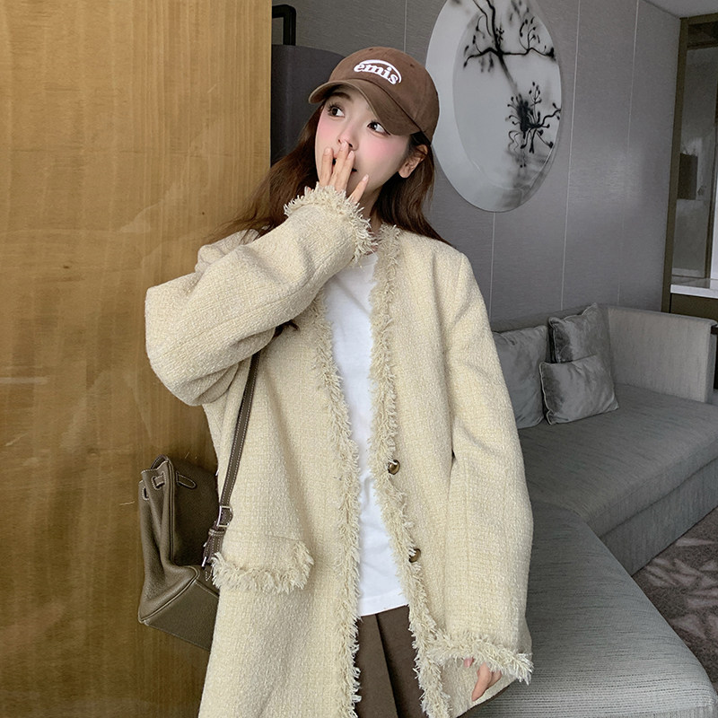 米白色毛边流苏小个子西装外套女2024春款休闲气质流行小香风西服