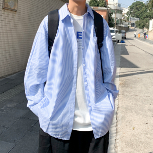 BDLS工作室文艺男女店港风情侣款浅蓝条纹衬衫男长袖秋季衬衣外套