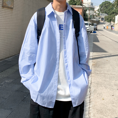 BDLS工作室文艺男女店港风情侣款浅蓝条纹衬衫男长袖秋季衬衣外套