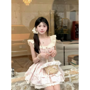 Tomoyois知世 原创樱织花翎甜美小飞袖温柔碎花收腰连衣短裙