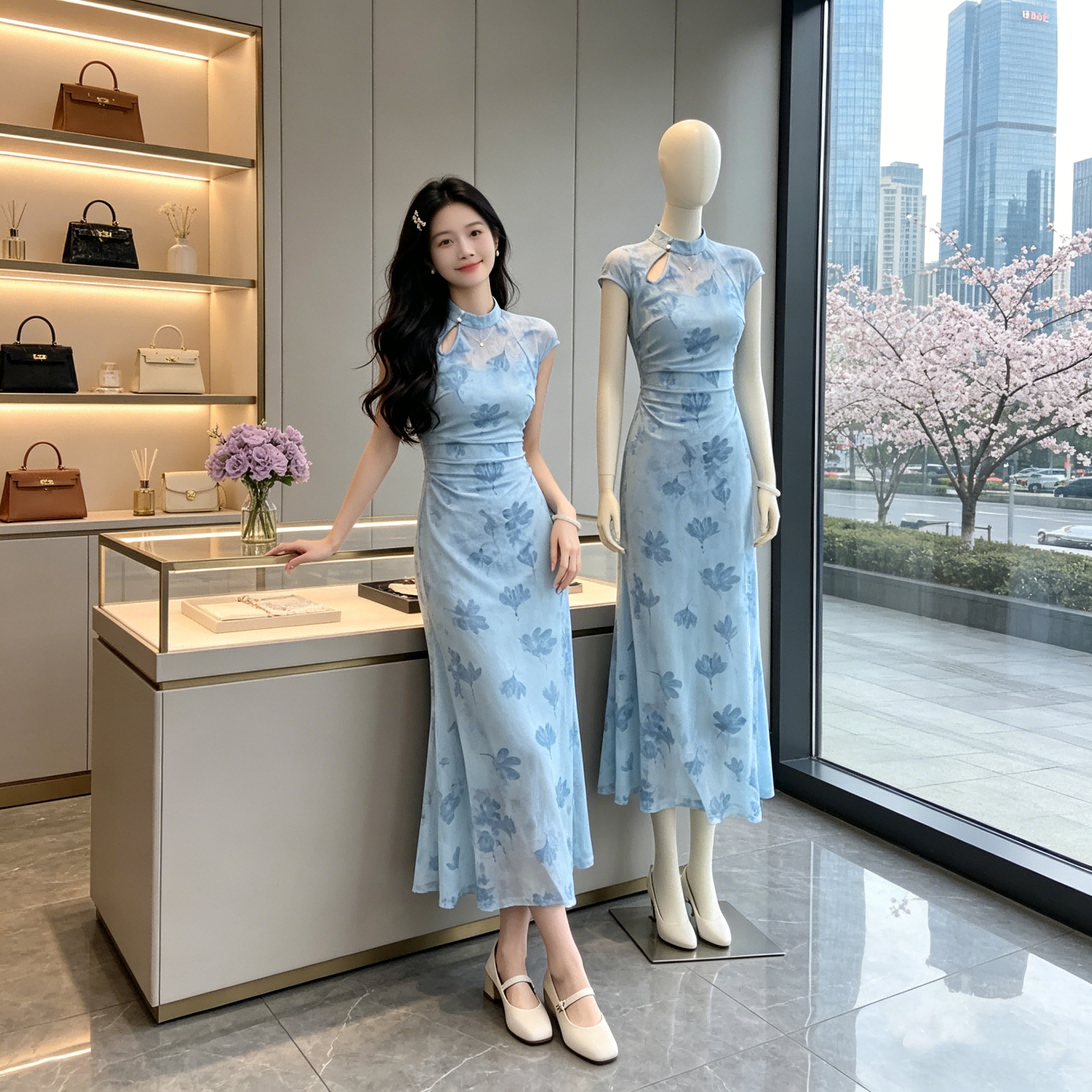 凌茜恣禾 水韵蓝笺'新中式植绒旗袍女春夏罩衫吊带明媚漂亮连衣裙