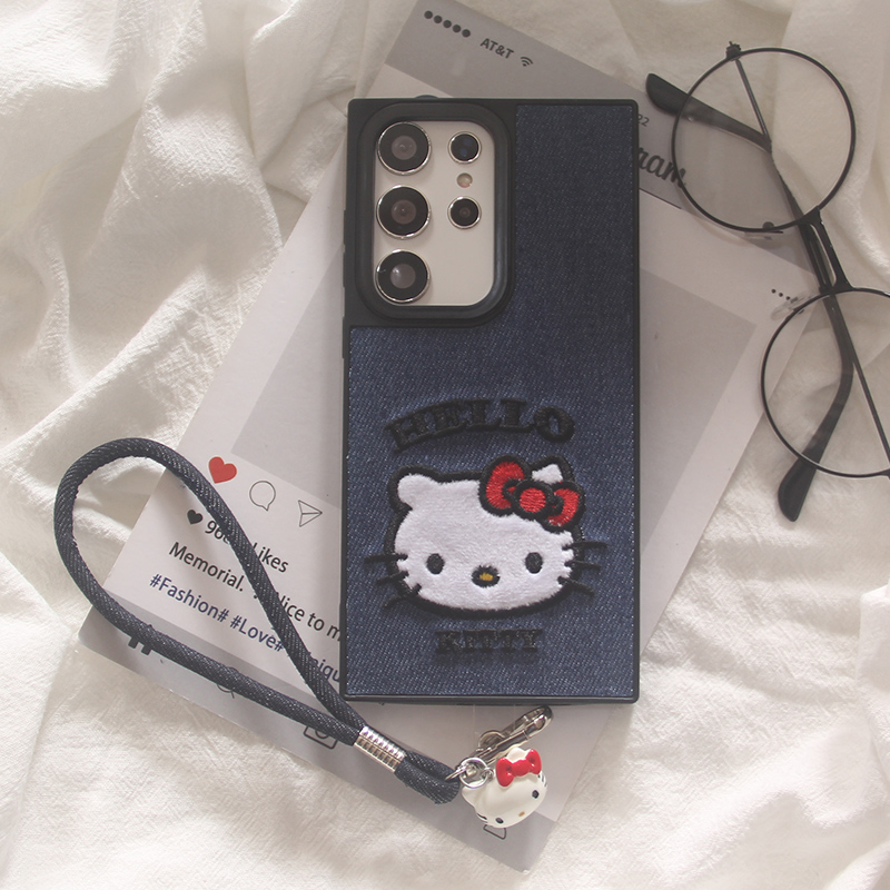 ins韩系牛仔布刺绣卡通可爱KT猫适用三星GalaxyS25Ultra手机壳s24plus个性新款S23ultra手链s25+防摔保护套女