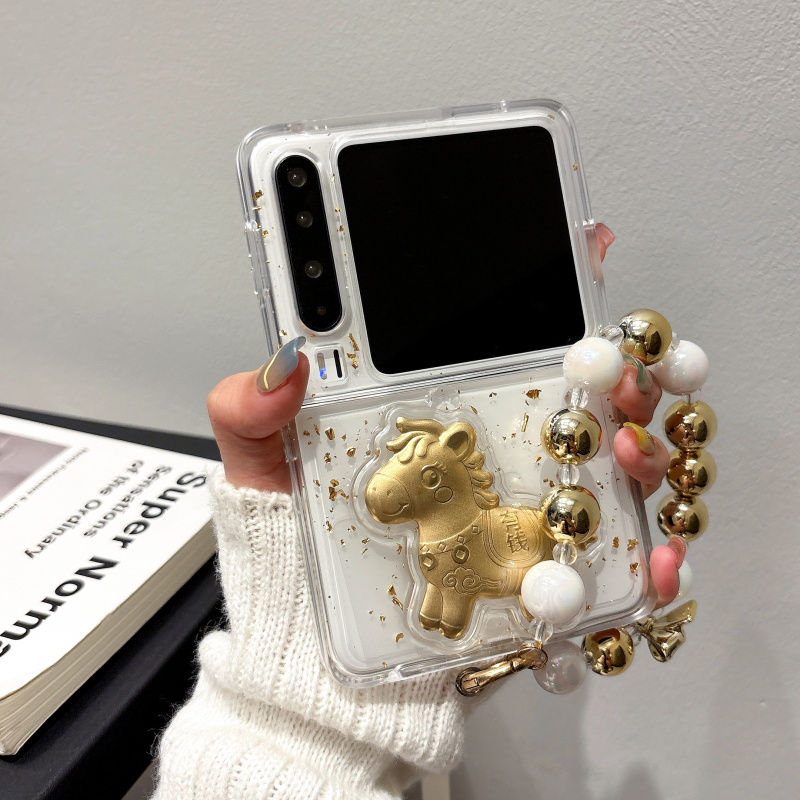 立体马上有钱滴胶金箔适用华为puraX手机壳pocket2小米MIXFlip2折叠屏OPPOFindN3Flip荣耀MagicVFlip2保护套